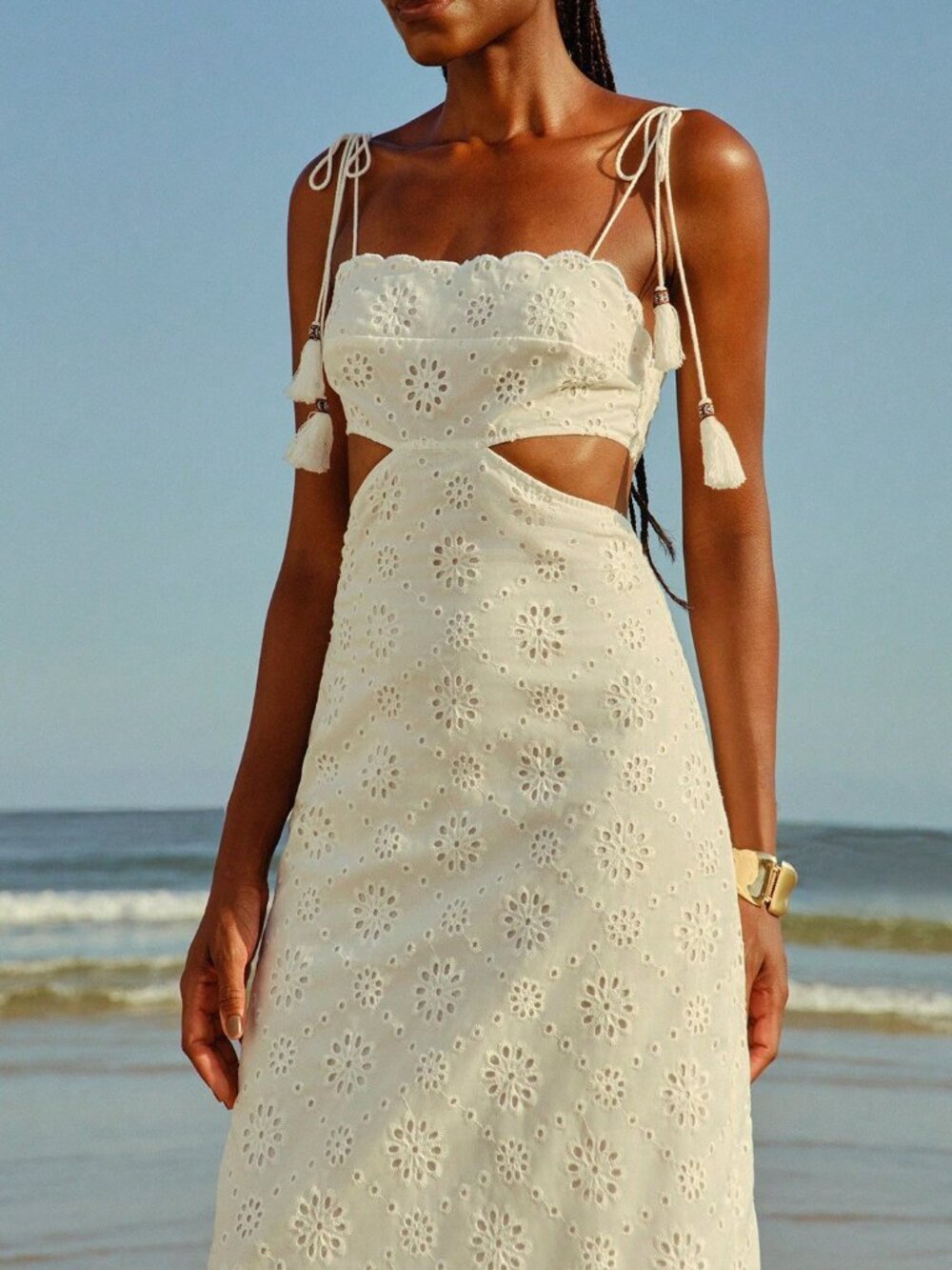 White Boho Women's Eyelet Detail Spaghetti Tie Strap Tassle Midi Dress